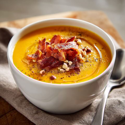 A bowl of soup with bacon and nuts.