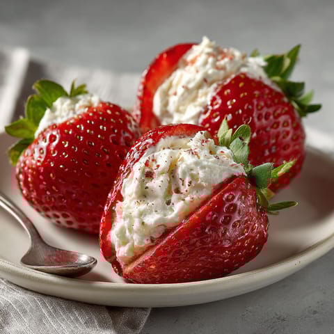 A plate of strawberries with whipped cream on top.