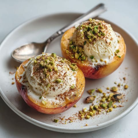 Two peaches with white cream and nuts on top.