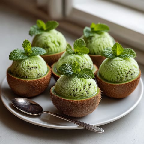 A plate of kiwi glacés with green leaves on top.