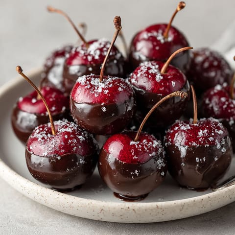 A plate of chocolate covered cherries.