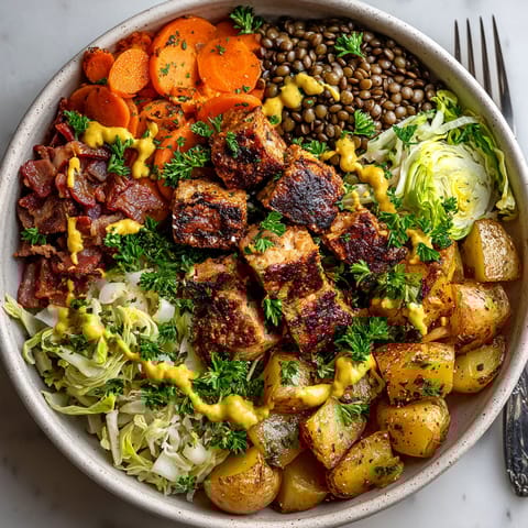 A bowl of food with a fork next to it.