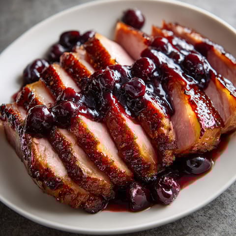 A plate of meat with sauce and cherries on top.