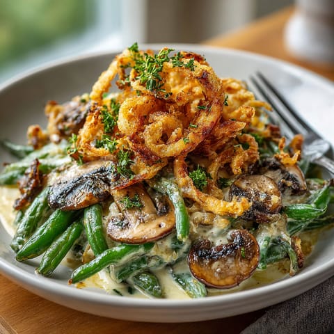 A plate of food with a green bean casserole and a crispy onion tower.