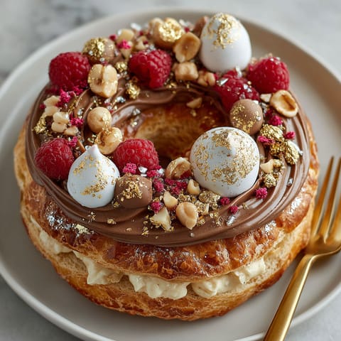 A chocolate and gold doughnut with raspberries and nuts.