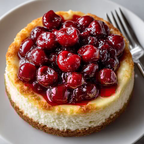 A slice of cheesecake with cherries on top.