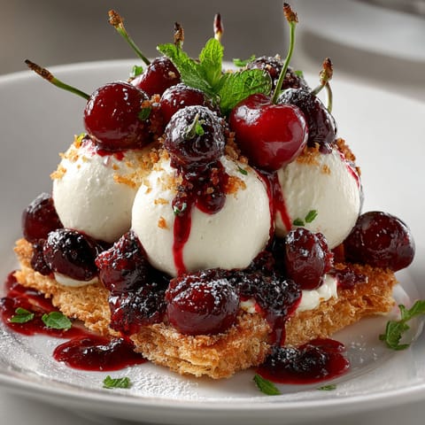 A plate of food with cherries and whipped cream.