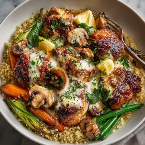 A plate of food with mushrooms, carrots, and chicken.