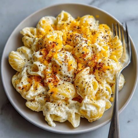 A plate of macaroni and cheese with a fork on the side.