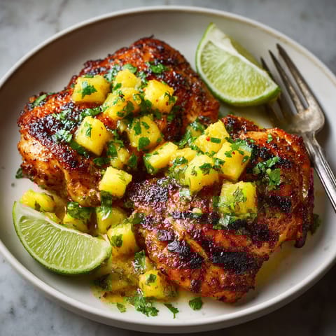 A plate of food with chicken, pineapple, and lime.