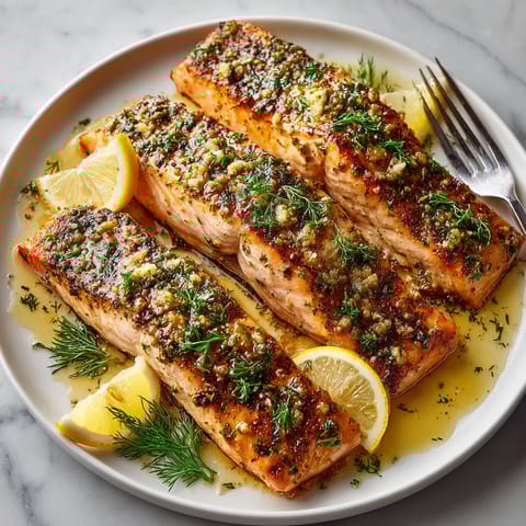 A plate of fish with lemon and herbs.