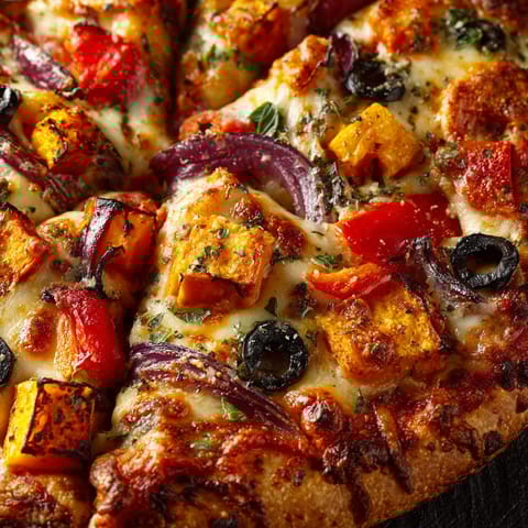 A pizza with a variety of toppings.