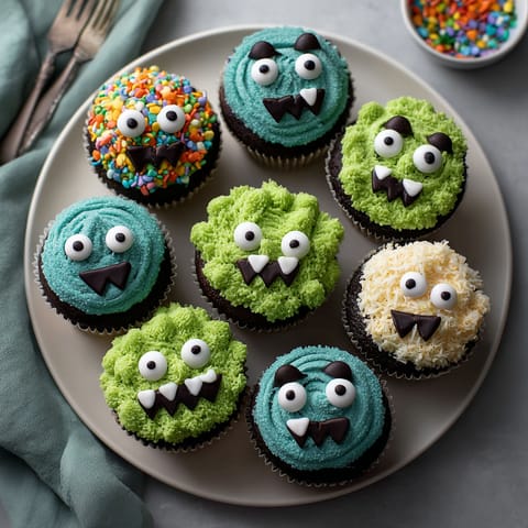 A plate of cupcakes with green frosting and googly eyes.