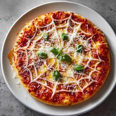 A pizza with cheese and basil on a white plate.