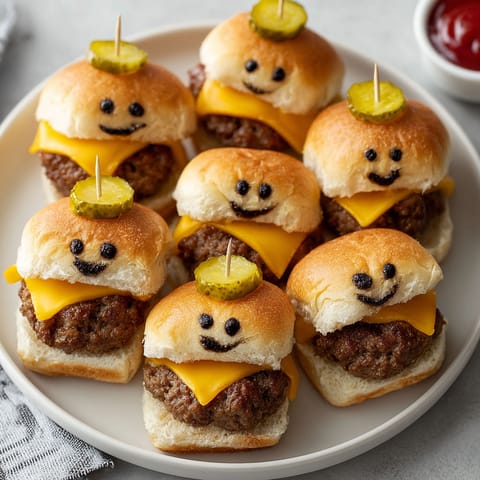 A plate of mini burgers with pickles on top.