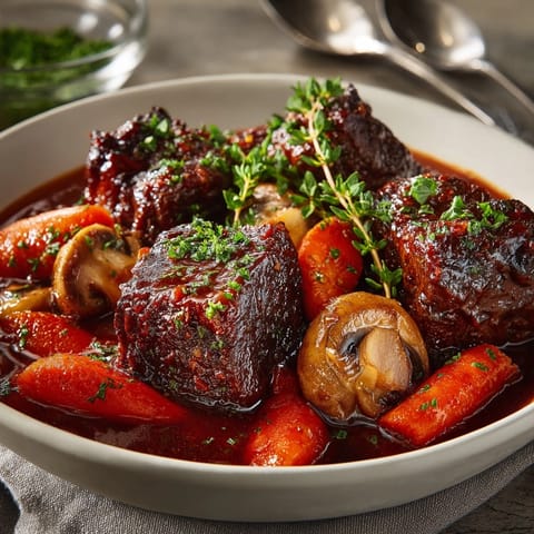 Boeuf bourguignon : Imaginez des morceaux de bœuf tendres et des légumes racines, mijotés lentement pour une saveur profonde.