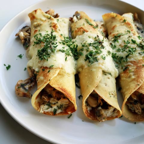 Rouleaux de crêpes aux champignons et aux herbes, servis avec une sauce crémeuse.