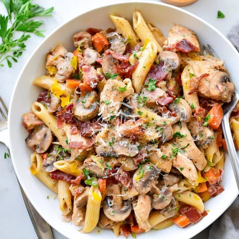 Bol de pâtes Coq au Vin, garni de persil frais, parfait pour un dîner copieux.