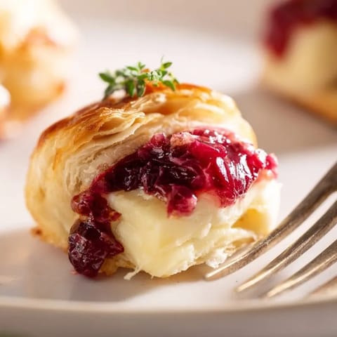 Close-up of Brie & Cranberry Puff Pastry Bites, oozing cheese, served warm.