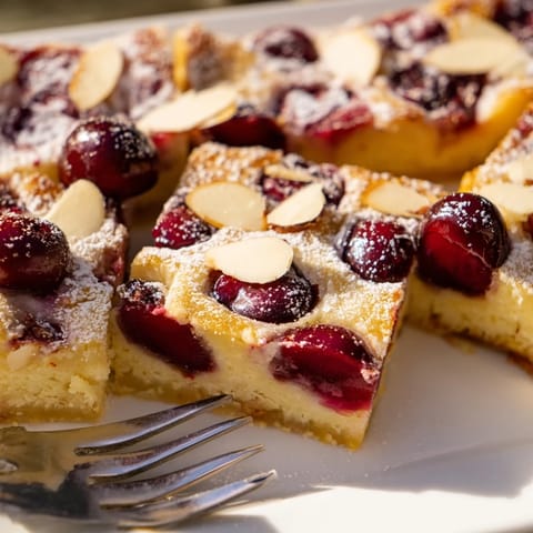 Creamy Cherry Vibe Clafoutis Bars bursting with fresh cherries and delicate flavors.  