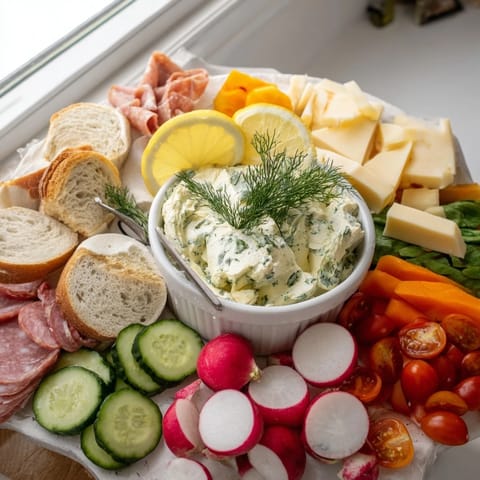 Dégustez des tranches de pain croustillantes avec du dill beurre et des légumes frais.  