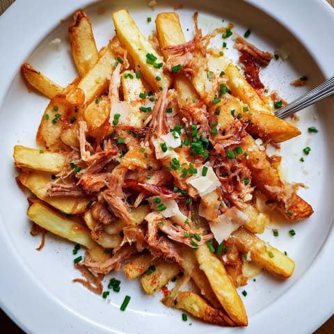 Délicieuses frites de canard confit servies chaudes, idéales pour partager.  