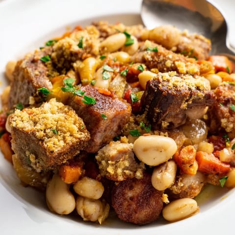 Un plat réconfortant de cassoulet, délicieux avec viandes et haricots crémeux.  