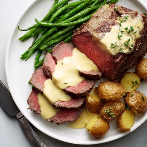 Succulent Steak Chateaubriand rôti, accompagné de pommes de terre dorées et haricots verts.  