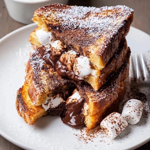 Délicieux pain perdu garni de chocolat et crème, agrémenté de chocolat doré.  