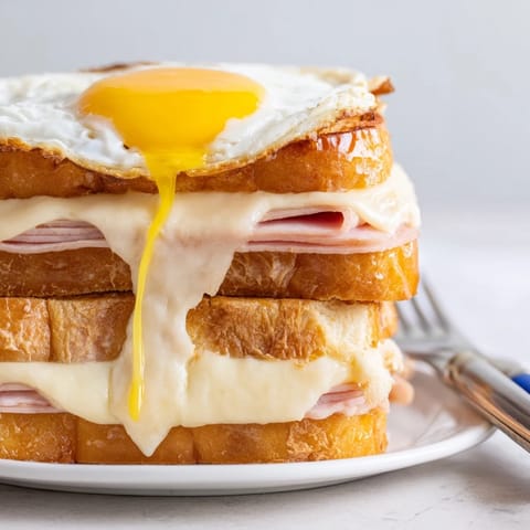 Un sandwich Croque Madame gracieusement garni de sauce béchamel et d'œuf frit.  