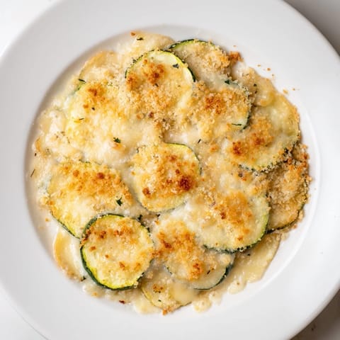 Delicious, cheesy zucchini and cheese gratin, perfect for a vegetarian main dish on a cold night.