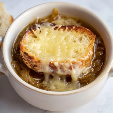 Caramelized The Effortless 4-Ingredient French Onion Soup, bubbling with melted Gruyère, ready for serving.