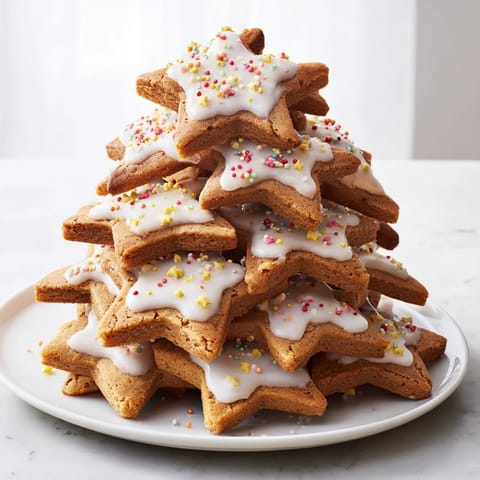 A beautifully decorated French Gingerbread Tree with star-shaped cookies stacked high.