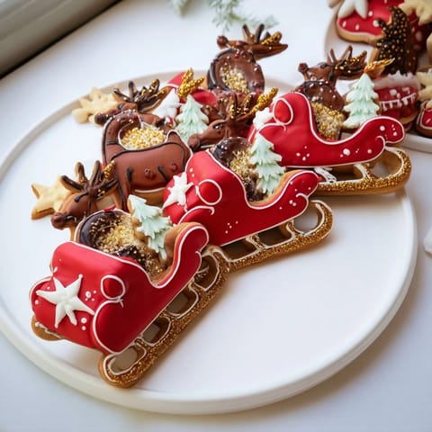 This detailed Santa's Sleigh cookie arrangement includes reindeer, sleigh, and holiday accents, so creative!