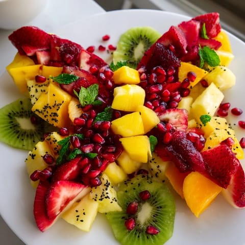 * Salade de fruits d'été, présentée en forme de papillon, garnie de menthe fraîche et de grenades.