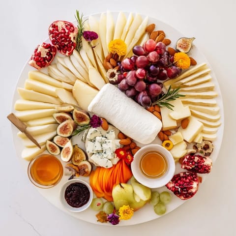 A Star of Bethlehem cheese platter arranged beautifully with fruit, nuts, and crackers for serving.