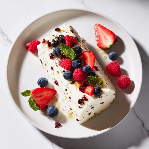 Creamy cranberry & goat cheese log, dotted with red cranberries, with a colorful berry arrangement, ready to enjoy.