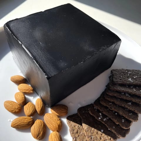 Close-up of the "Obsidian Peak," a striking cheese platter featuring black cheddar and garnished almonds.