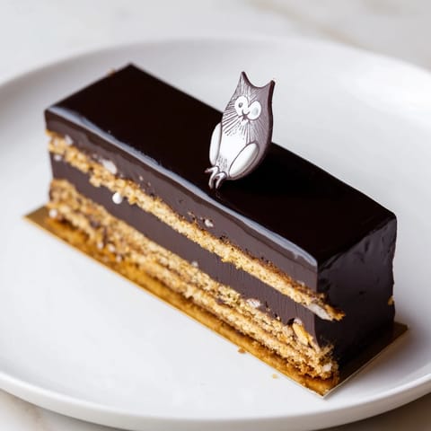 A slice of "Plaisirs Sucrés Hibou de la Nuit" shows layers of a decadent chocolate entremets.