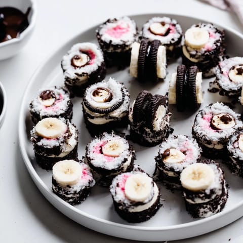 Dark chocolate "soy" dip complements the sweet Oreo cookie sushi rolls with festive sprinkles on top.