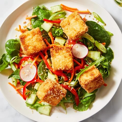 Fresh, bright crispy tofu salad: a close-up of the protein-packed dish ready to enjoy this meal.