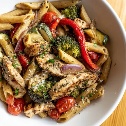 Delicious Garlic Herb Chicken & Veg Pasta served in a bowl, showing the tender chicken and perfectly cooked pasta.