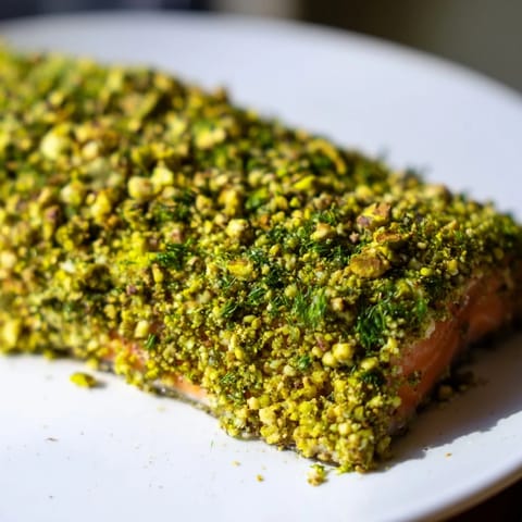 Savourez ce saumon fondant, enrobé d’une croûte croustillante aux pistaches et herbes, avec une garniture citronnée.