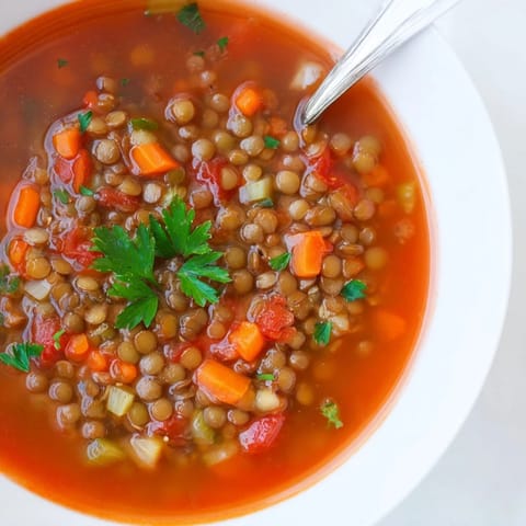 Une portion généreuse de soupe tomate lentilles, parfumée au cumin et paprika fumé, présentée dans un bol rustique avec un quartier de citron.