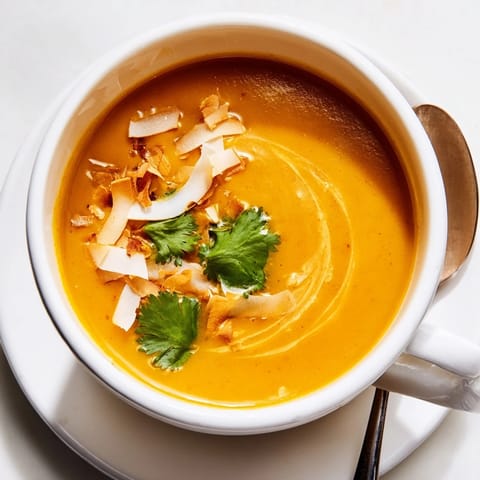 Un bol fumant de soupe à la carotte et à la noix de coco, présentée avec du cocotegrillé et de la coriandre fraîche.