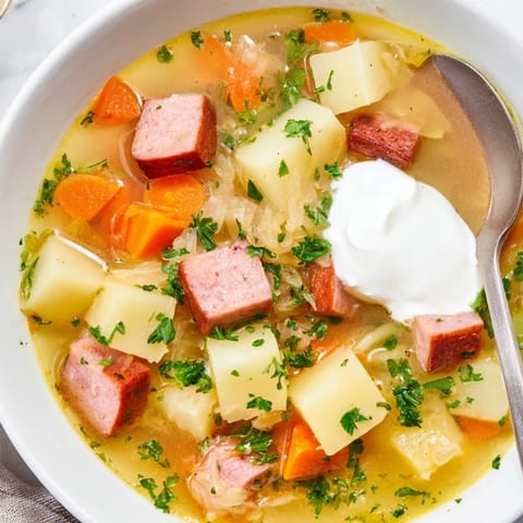 Bowl of homemade Sauerkraut Soup garnished with fresh parsley and sour cream.