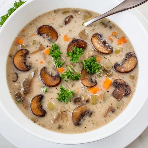 Une portion généreuse de soupe aux champignons riche et fumée, présentée dans un bol rustique avec une garniture de persil.