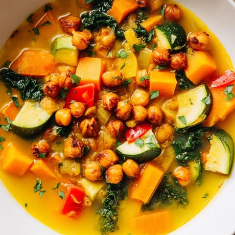 Spiced Chickpea and Vegetable Soup fumant avec des carottes, du céleri et des épices réconfortantes dans une marmite