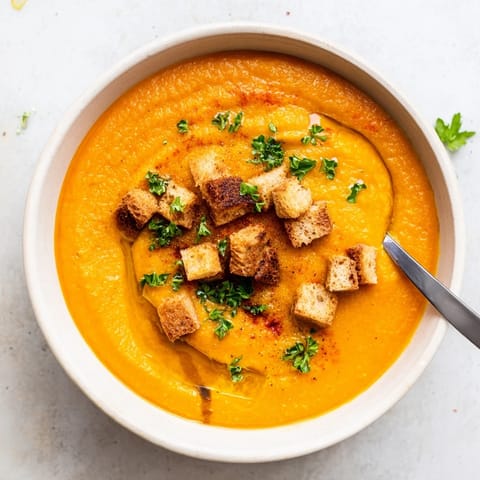 Cette soupe de légumes rôtis, dorée au four, dégage des parfums sucrés de carottes et de patate douce.