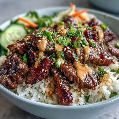 Assiette vibrante de bœuf marinaré, riz vapeur, concombre frais et sauce sriracha-citron au zeste.